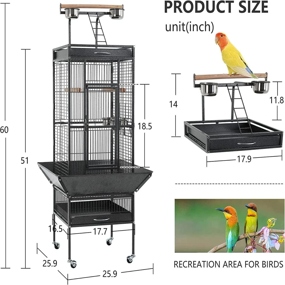 YRLLENSDAN 61-Inch Wrought Iron Large Bird Cage with Play Top and Rolling Stand Parrot Cage Bird Cages, Black Animals & Pet Supplies > Pet Supplies > Bird Supplies > Bird Cages & Stands YRLLENSDAN   