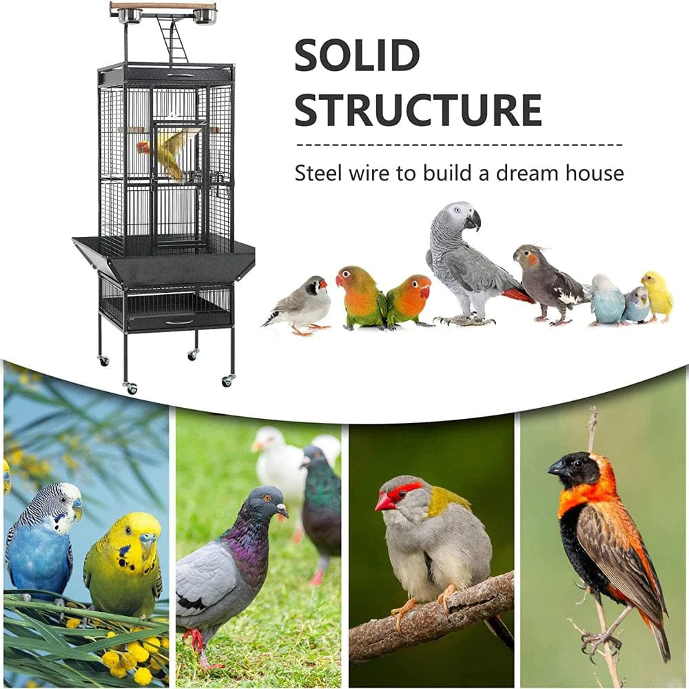 YRLLENSDAN 61-Inch Wrought Iron Large Bird Cage with Play Top and Rolling Stand Parrot Cage Bird Cages, Black Animals & Pet Supplies > Pet Supplies > Bird Supplies > Bird Cages & Stands YRLLENSDAN   