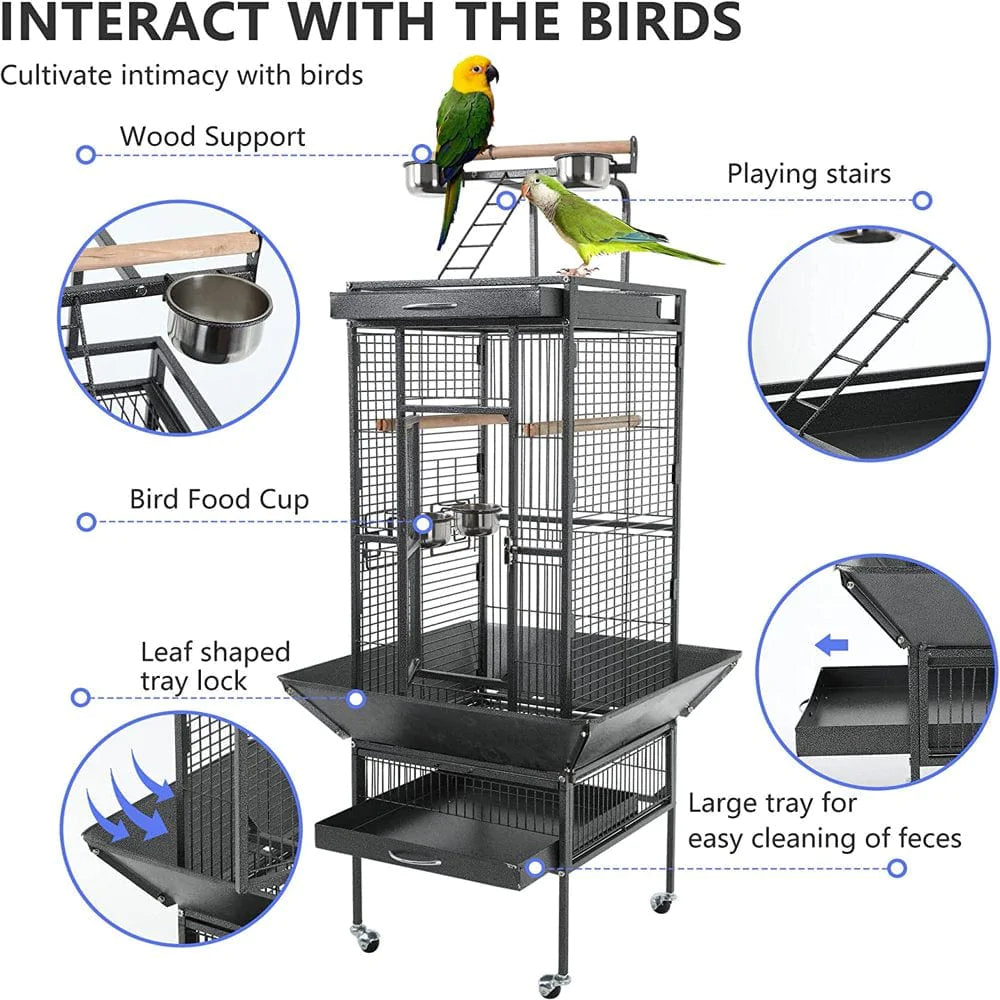 YRLLENSDAN 61-Inch Wrought Iron Large Bird Cage with Play Top and Rolling Stand Parrot Cage Bird Cages, Black Animals & Pet Supplies > Pet Supplies > Bird Supplies > Bird Cages & Stands YRLLENSDAN   