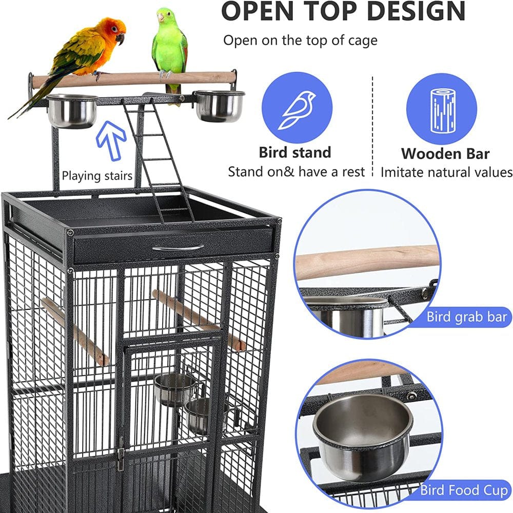 YRLLENSDAN 61-Inch Wrought Iron Large Bird Cage with Play Top and Rolling Stand Parrot Cage Bird Cages, Black Animals & Pet Supplies > Pet Supplies > Bird Supplies > Bird Cages & Stands YRLLENSDAN   