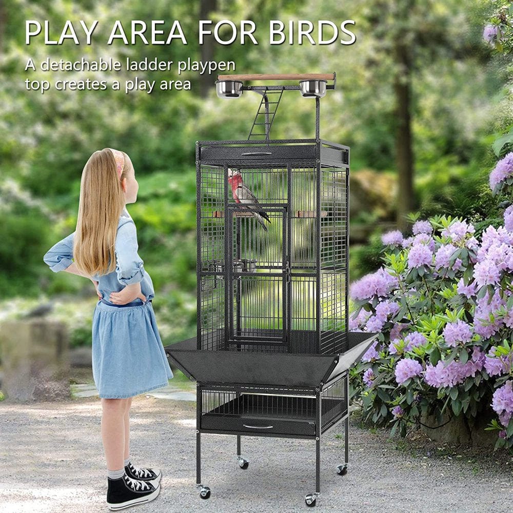 YRLLENSDAN 61-Inch Wrought Iron Large Bird Cage with Play Top and Rolling Stand Parrot Cage Bird Cages, Black Animals & Pet Supplies > Pet Supplies > Bird Supplies > Bird Cages & Stands YRLLENSDAN   