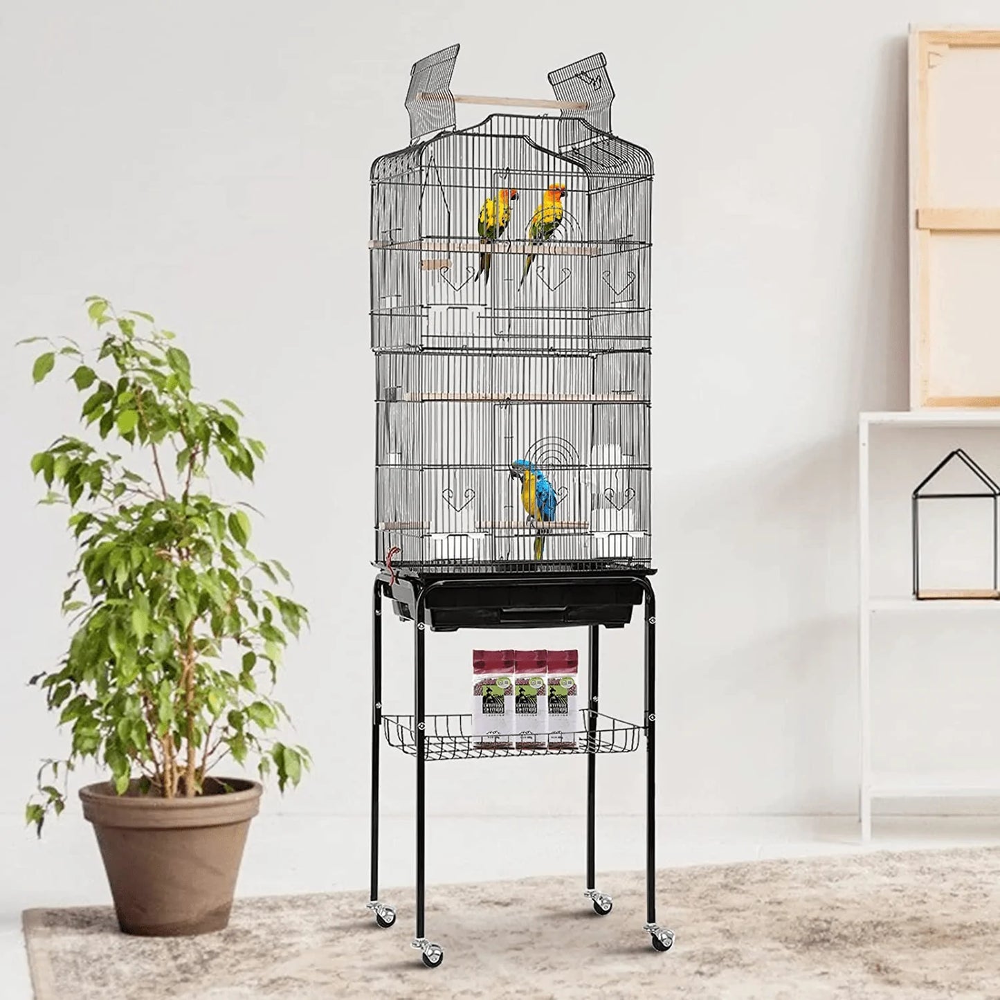 Yrllensdan Large Bird Cage 64" 2 in 1 Open Top Parakeet Cage Detachable Rolling Stand Budgie Lovebird Conure Finch Cage Chinchila Cockatiel Pet House Vision Birdcages- Black Animals & Pet Supplies > Pet Supplies > Bird Supplies > Bird Cages & Stands YRLLENSDAN Black  