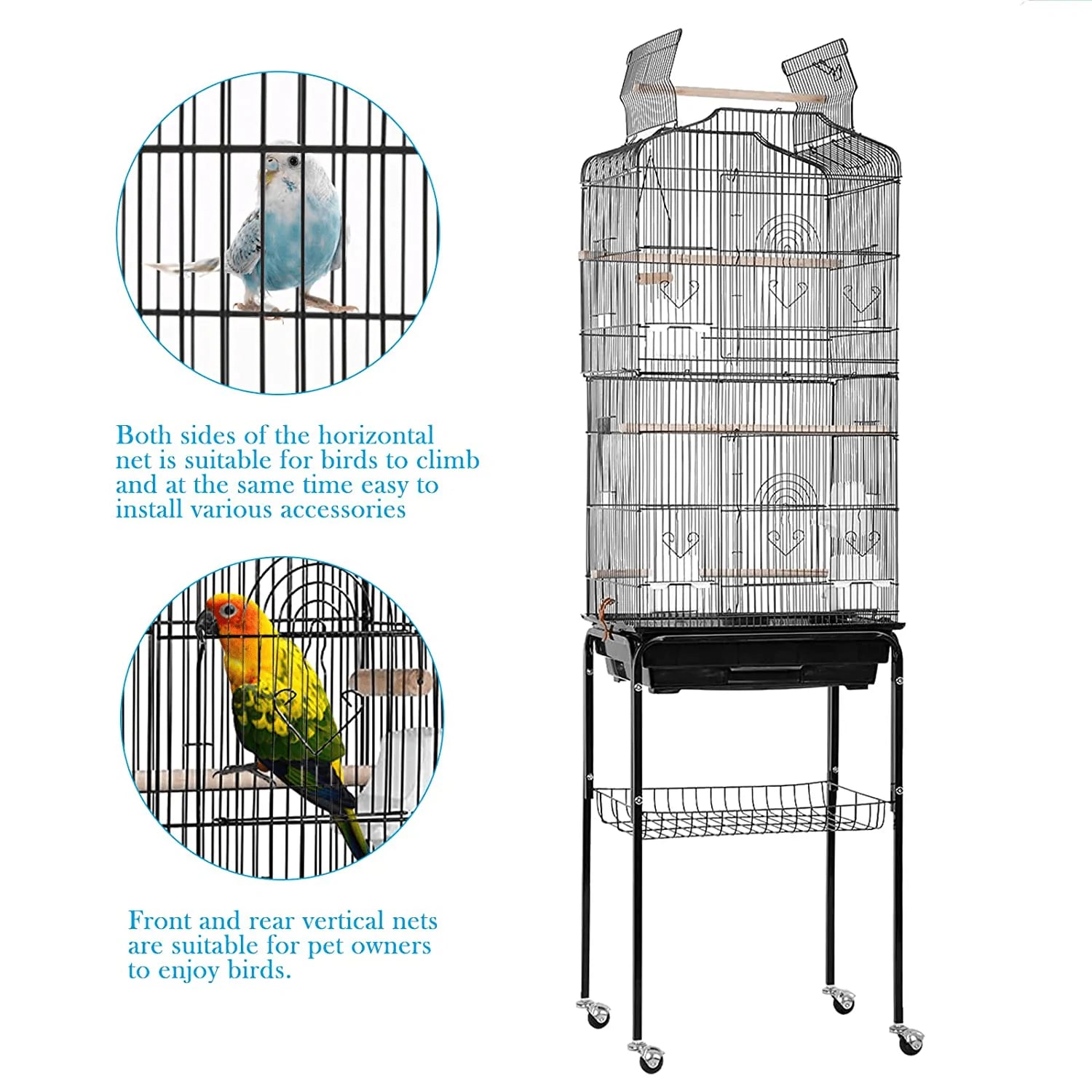 Yrllensdan Large Bird Cage 64" 2 in 1 Open Top Parakeet Cage Detachable Rolling Stand Budgie Lovebird Conure Finch Cage Chinchila Cockatiel Pet House Vision Birdcages- Black Animals & Pet Supplies > Pet Supplies > Bird Supplies > Bird Cages & Stands YRLLENSDAN   