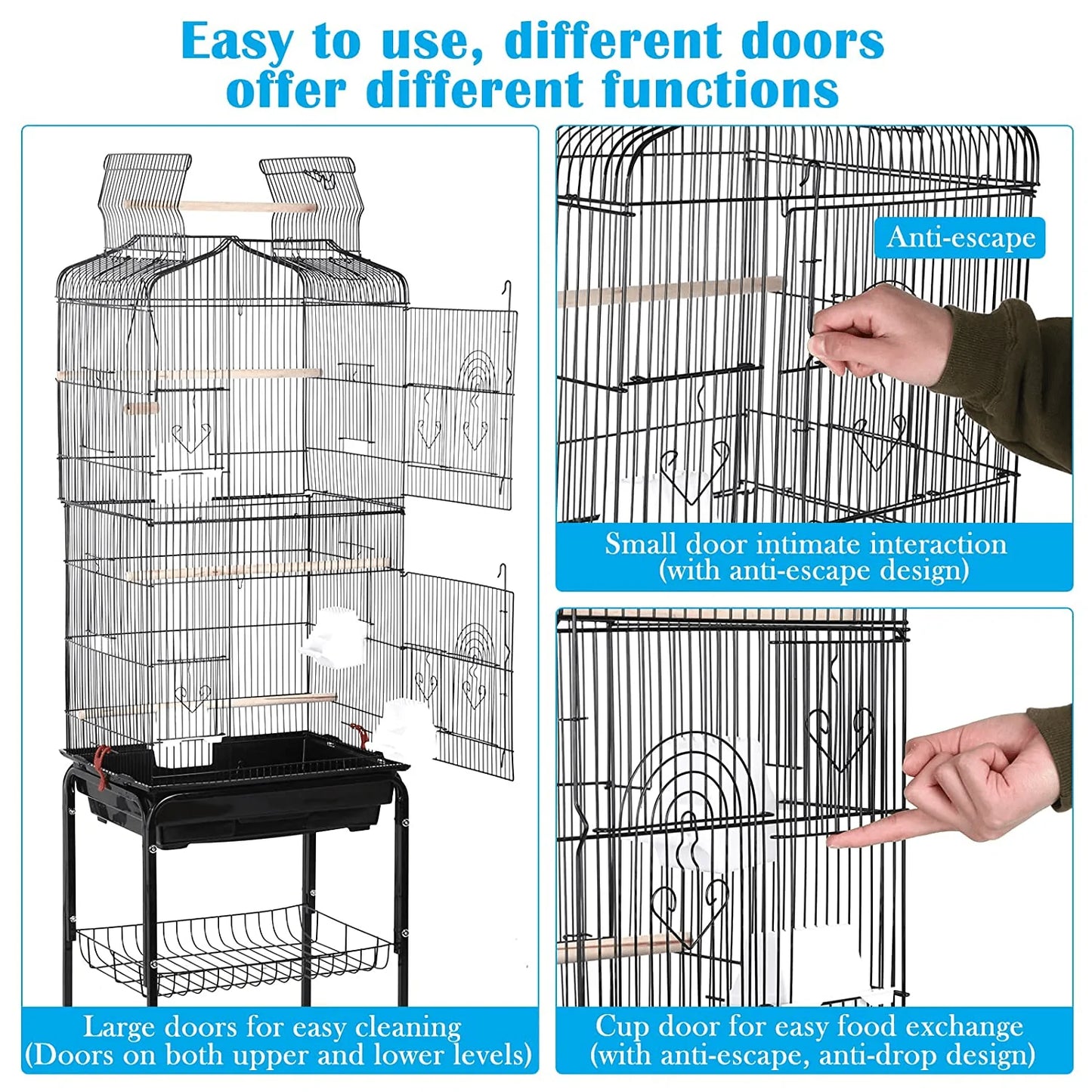 Yrllensdan Large Bird Cage 64" 2 in 1 Open Top Parakeet Cage Detachable Rolling Stand Budgie Lovebird Conure Finch Cage Chinchila Cockatiel Pet House Vision Birdcages- Black Animals & Pet Supplies > Pet Supplies > Bird Supplies > Bird Cages & Stands YRLLENSDAN   