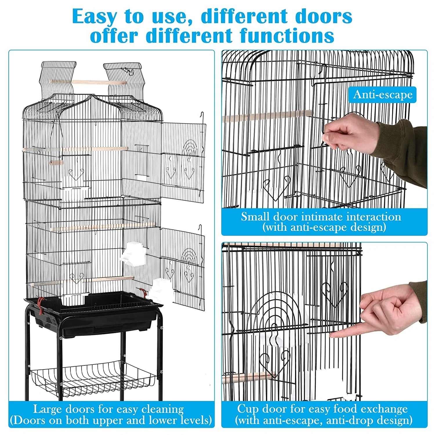 Yrllensdan Large Bird Cage 64" 2 in 1 Open Top Parakeet Cage Detachable Rolling Stand Budgie Lovebird Conure Finch Cage Chinchila Cockatiel Pet House Vision Birdcages- Black Animals & Pet Supplies > Pet Supplies > Bird Supplies > Bird Cages & Stands YRLLENSDAN   