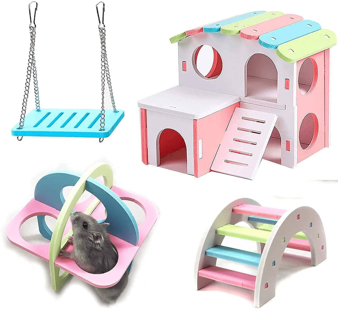 YUEKUA Hamster House Small Pet Habitat Hide Place, Fitness Circle, Rainbow Bridge, Swing, Seesaw Suitable for Gerbils, Purple Mouse Chewing Toys, Hamster Cage Accessories Animals & Pet Supplies > Pet Supplies > Small Animal Supplies > Small Animal Habitat Accessories YUEKUA s3  