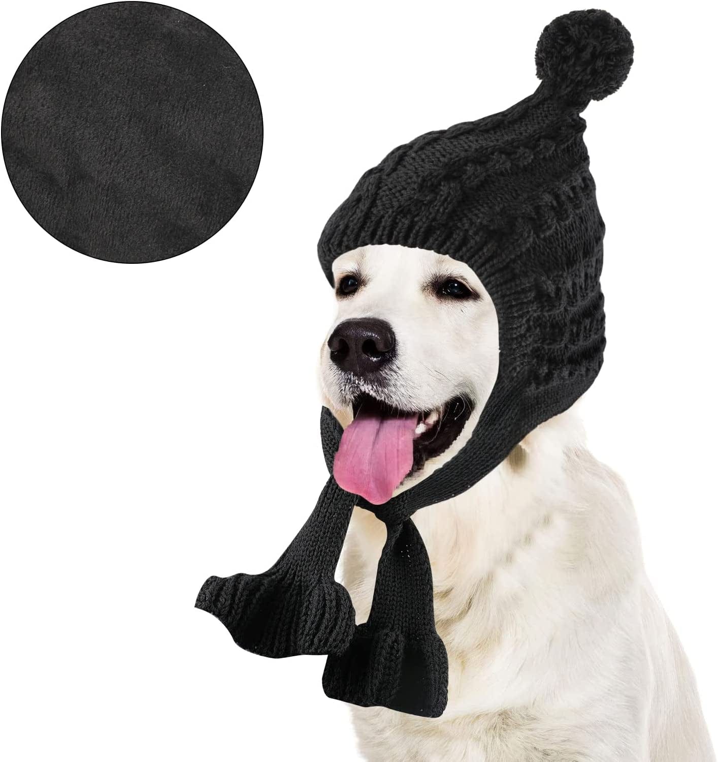 YUEPET Dog Winter Hat and Scarf Warm Fleece Lined Dog Cap with Knit Scarf, Dog Pom Pom Hat Suitable for Extra Large Dogs above 80 Pounds - Black Animals & Pet Supplies > Pet Supplies > Dog Supplies > Dog Apparel YUEPET   