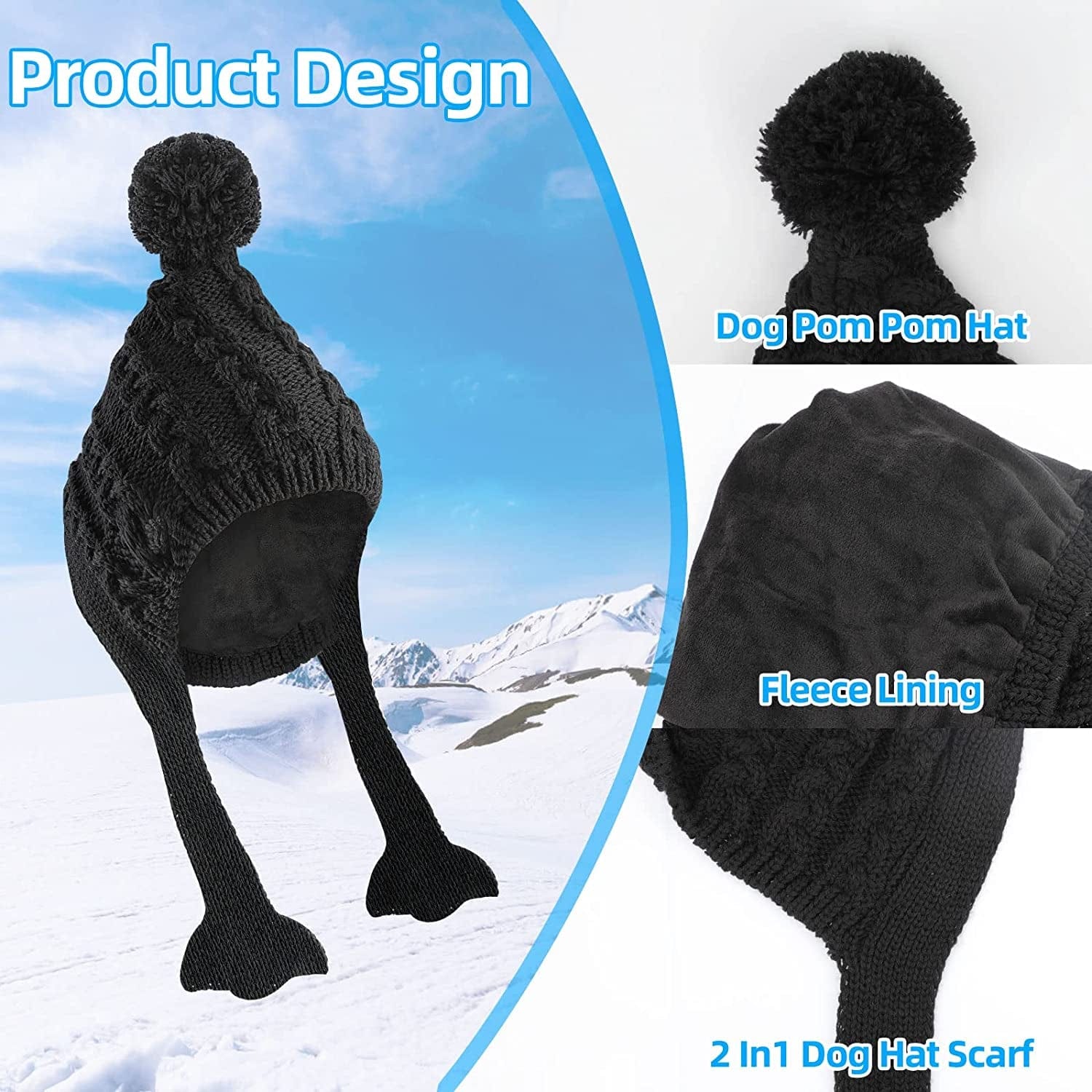 YUEPET Dog Winter Hat and Scarf Warm Fleece Lined Dog Cap with Knit Scarf, Dog Pom Pom Hat Suitable for Extra Large Dogs above 80 Pounds - Black Animals & Pet Supplies > Pet Supplies > Dog Supplies > Dog Apparel YUEPET   