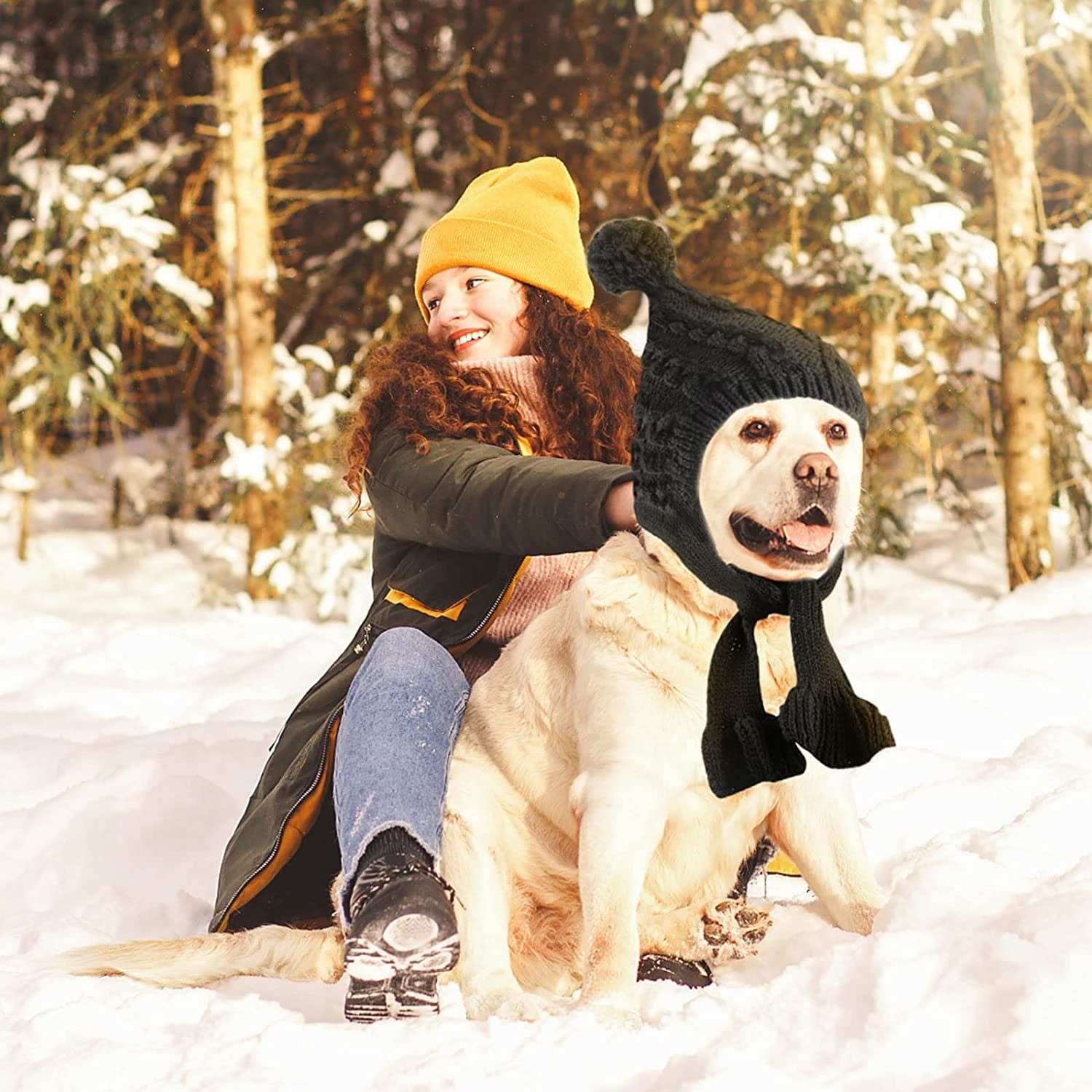 YUEPET Dog Winter Hat and Scarf Warm Fleece Lined Dog Cap with Knit Scarf, Dog Pom Pom Hat Suitable for Extra Large Dogs above 80 Pounds - Black Animals & Pet Supplies > Pet Supplies > Dog Supplies > Dog Apparel YUEPET   