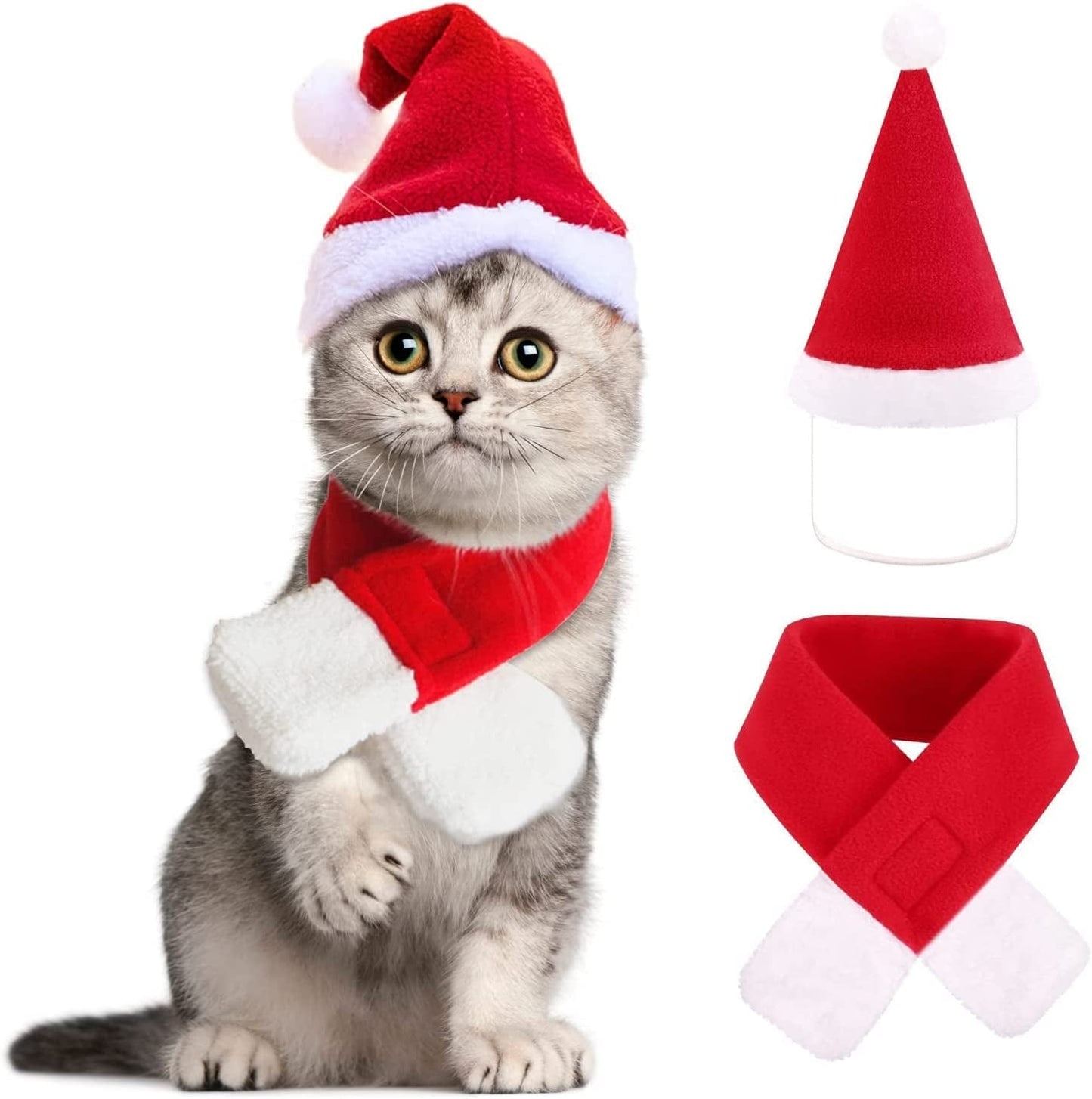 YUJUN 2PCS Cat Christmas Costume Christmas Pet Santa Hat with Scarf Outfit for Puppy Kitten Christmas Party Costume Supplies Animals & Pet Supplies > Pet Supplies > Dog Supplies > Dog Apparel YUJUN Christmas  