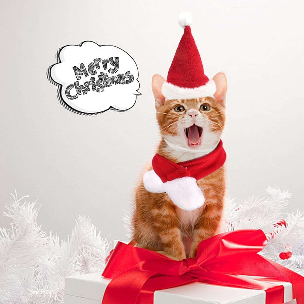 YUJUN 2PCS Cat Christmas Costume Christmas Pet Santa Hat with Scarf Outfit for Puppy Kitten Christmas Party Costume Supplies Animals & Pet Supplies > Pet Supplies > Dog Supplies > Dog Apparel YUJUN   