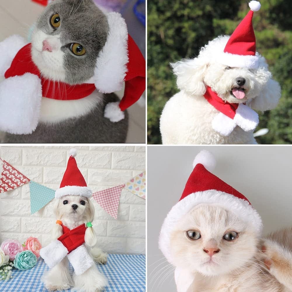 YUJUN 2PCS Cat Christmas Costume Christmas Pet Santa Hat with Scarf Outfit for Puppy Kitten Christmas Party Costume Supplies Animals & Pet Supplies > Pet Supplies > Dog Supplies > Dog Apparel YUJUN   