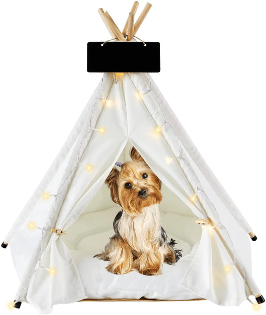 YUOUIT Pet Teepee Pet Tent with LED Light String Portable Puppy Bed for Small Dogs and Cats Folding Dogs House with Cushion for Indoor and Outdoor,Christmas,24Inches.¡­ Animals & Pet Supplies > Pet Supplies > Dog Supplies > Dog Houses YUOUIT White  