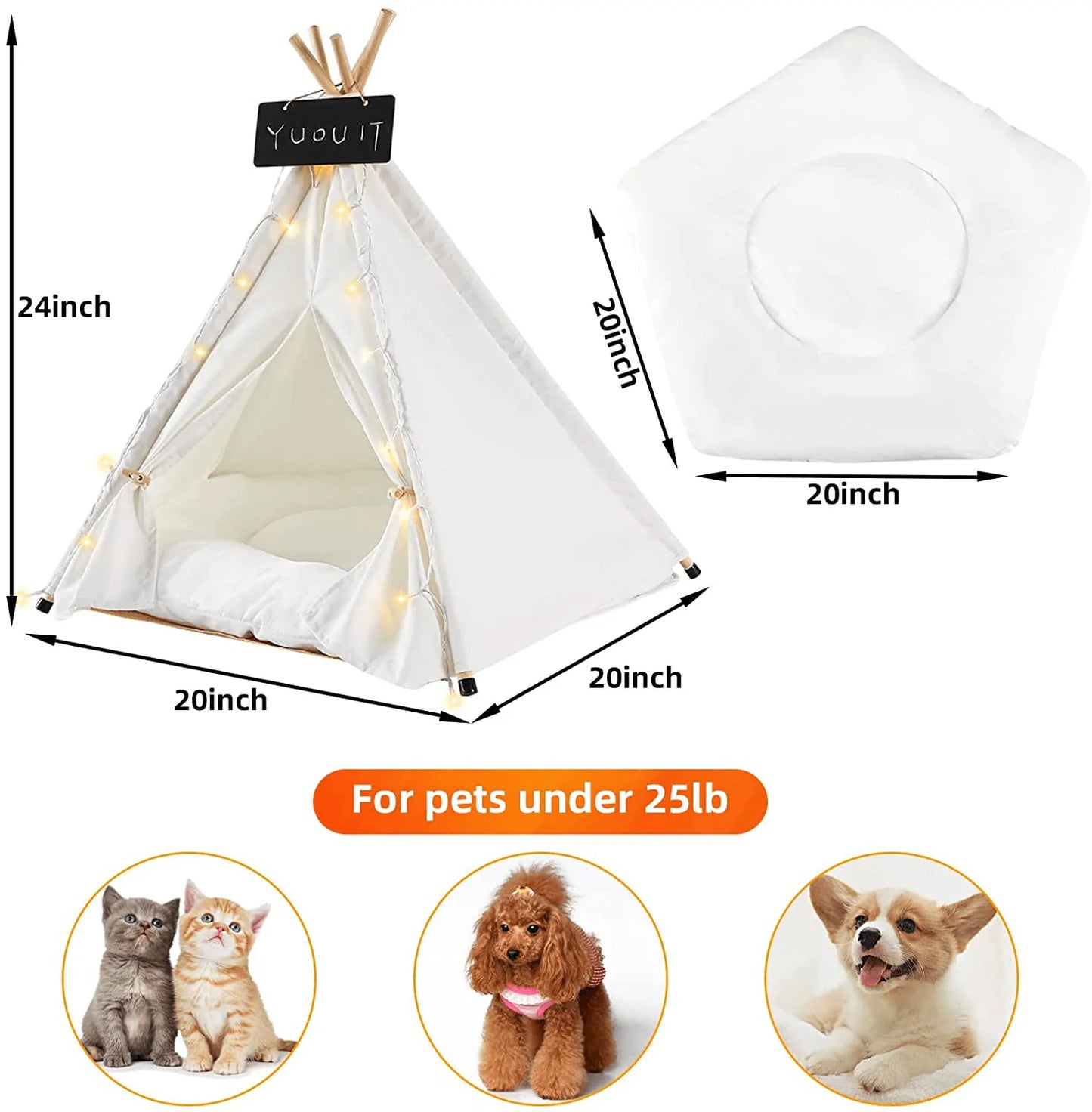 YUOUIT Pet Teepee Pet Tent with LED Light String Portable Puppy Bed for Small Dogs and Cats Folding Dogs House with Cushion for Indoor and Outdoor,Christmas,24Inches.¡­ Animals & Pet Supplies > Pet Supplies > Dog Supplies > Dog Houses YUOUIT   