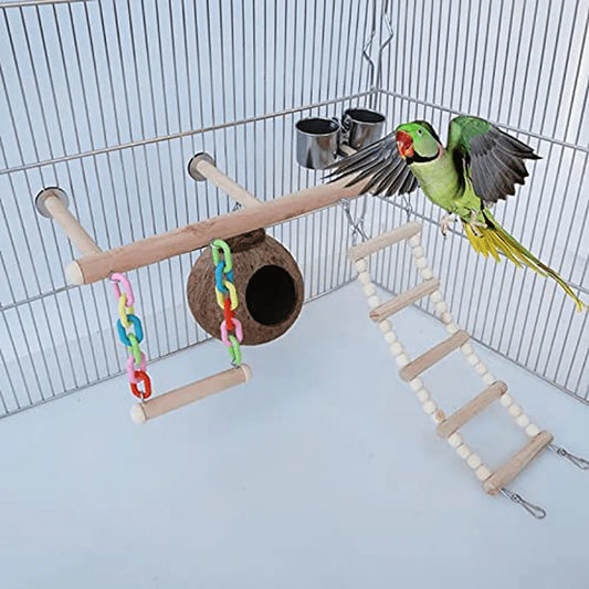 YZJC Parrot Playground Bird Perches Stand Bird Cage Play Gyms Perch Toy with Climbing Ladders Swing Feeder Cups Coconut Shell Nest Exercise Toys