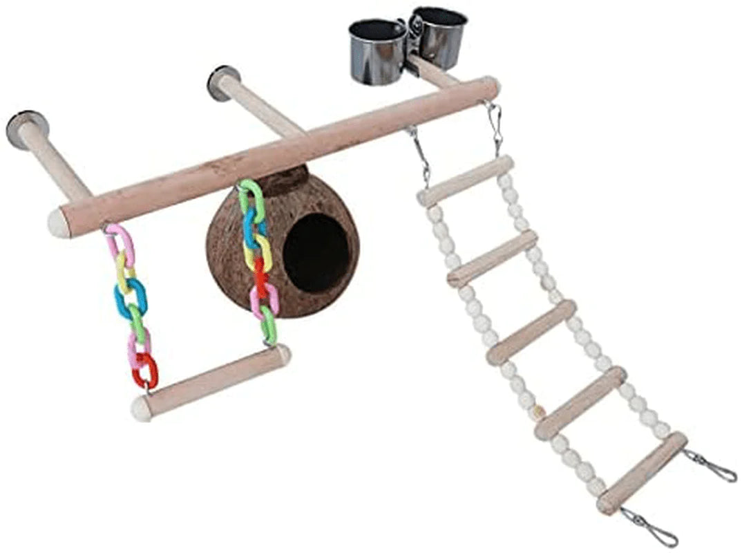 YZJC Parrot Playground Bird Perches Stand Bird Cage Play Gyms Perch Toy with Climbing Ladders Swing Feeder Cups Coconut Shell Nest Exercise Toys Animals & Pet Supplies > Pet Supplies > Bird Supplies > Bird Gyms & Playstands YZJC   