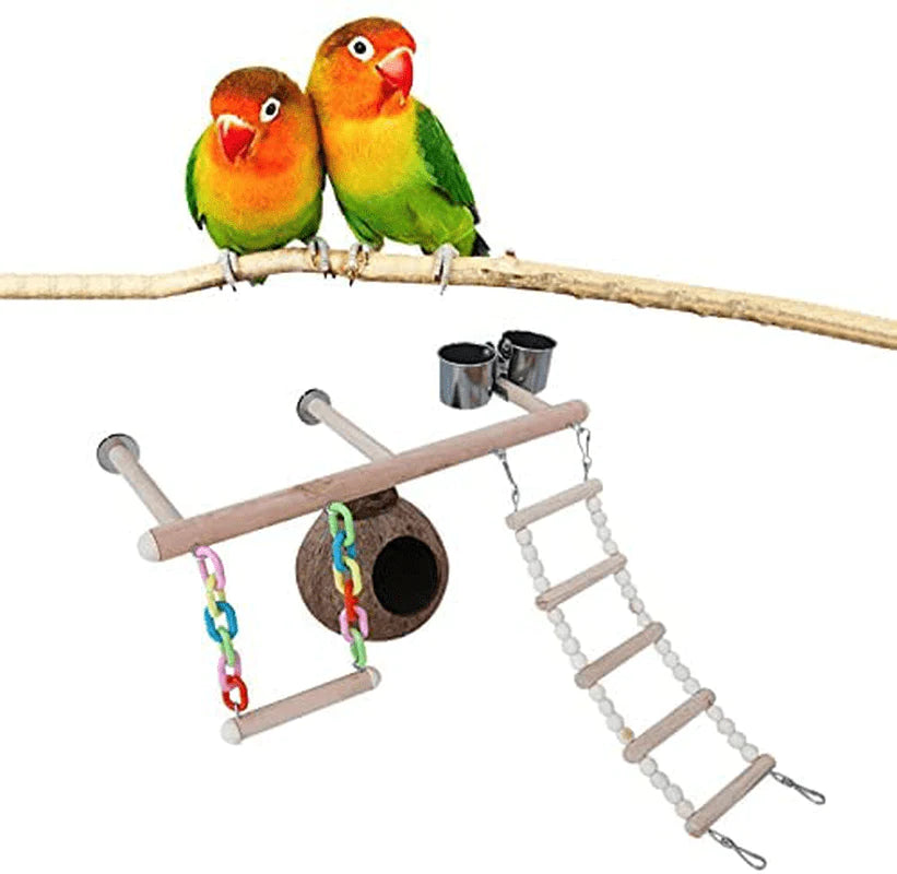 YZJC Parrot Playground Bird Perches Stand Bird Cage Play Gyms Perch Toy with Climbing Ladders Swing Feeder Cups Coconut Shell Nest Exercise Toys Animals & Pet Supplies > Pet Supplies > Bird Supplies > Bird Gyms & Playstands YZJC   