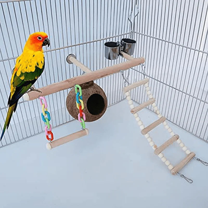 YZJC Parrot Playground Bird Perches Stand Bird Cage Play Gyms Perch Toy with Climbing Ladders Swing Feeder Cups Coconut Shell Nest Exercise Toys Animals & Pet Supplies > Pet Supplies > Bird Supplies > Bird Gyms & Playstands YZJC   