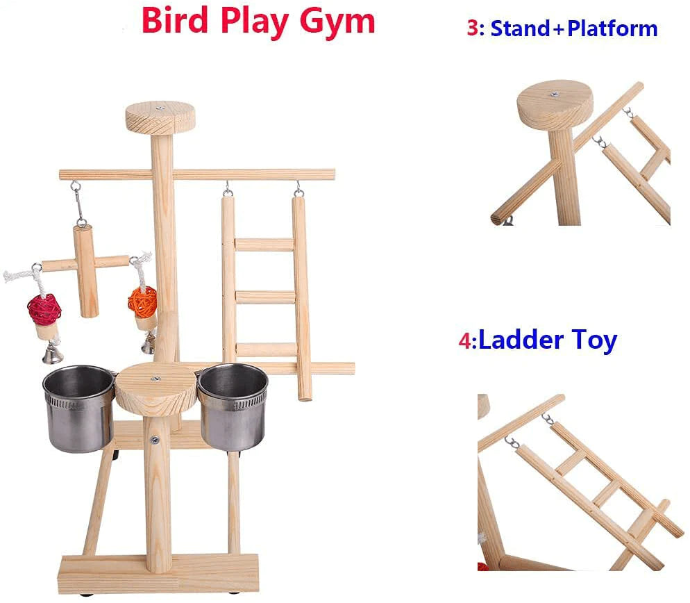 YZJC Parrot Playground Wood Perch Play Gym Bird Play Stand Play Gym Cockatiel Playground Platform Hanging Bell Swing Ladders Toys (Include a Tray) 31X21X35Cm Animals & Pet Supplies > Pet Supplies > Bird Supplies > Bird Gyms & Playstands YZJC   