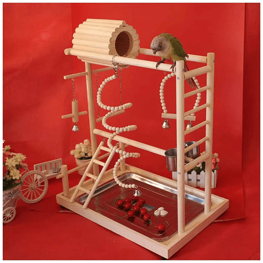 YZJC Parrots Playground with Nest ，Bird Play Gym Wood Perch Stand Climb Ladders Swing Chewing Toys with Feeding Cups Exercise Activity Center(Include a Tray) 503348Cm