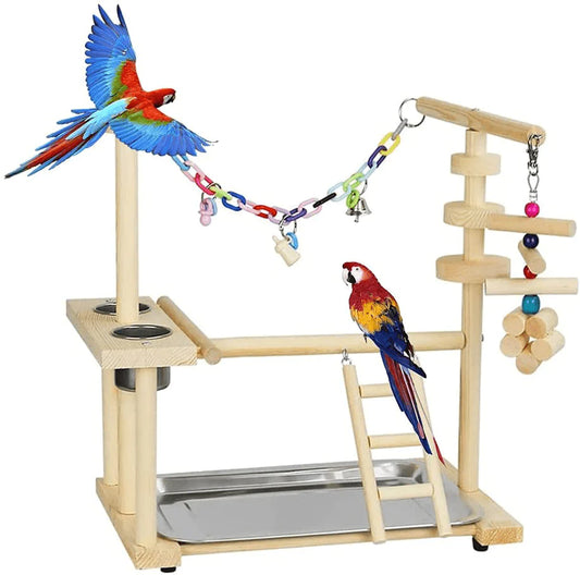 YZJC Wood Parrots Play Stand Bird Playground Play Gym Parakeet Playpen with Ladder Swing Bird Chew Toy and Stainless Steel Feeder Cup 14.37X10.04X13.78 Inch Animals & Pet Supplies > Pet Supplies > Bird Supplies > Bird Gyms & Playstands YZJC   