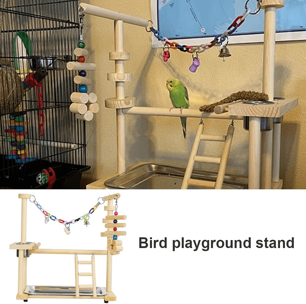 YZJC Wood Parrots Play Stand Bird Playground Play Gym Parakeet Playpen with Ladder Swing Bird Chew Toy and Stainless Steel Feeder Cup 14.37X10.04X13.78 Inch Animals & Pet Supplies > Pet Supplies > Bird Supplies > Bird Gyms & Playstands YZJC   