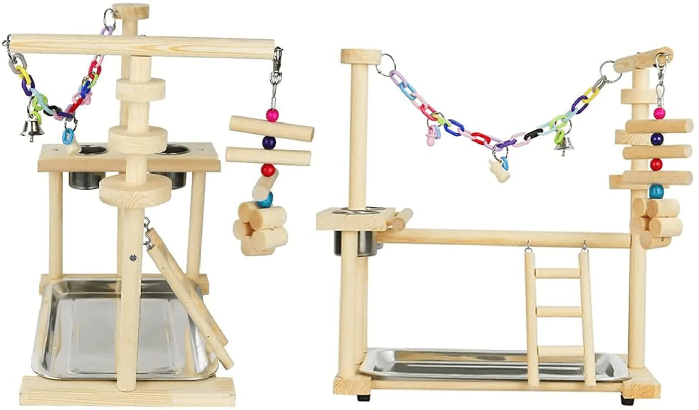 YZJC Wood Parrots Play Stand Bird Playground Play Gym Parakeet Playpen with Ladder Swing Bird Chew Toy and Stainless Steel Feeder Cup 14.37X10.04X13.78 Inch Animals & Pet Supplies > Pet Supplies > Bird Supplies > Bird Gyms & Playstands YZJC   