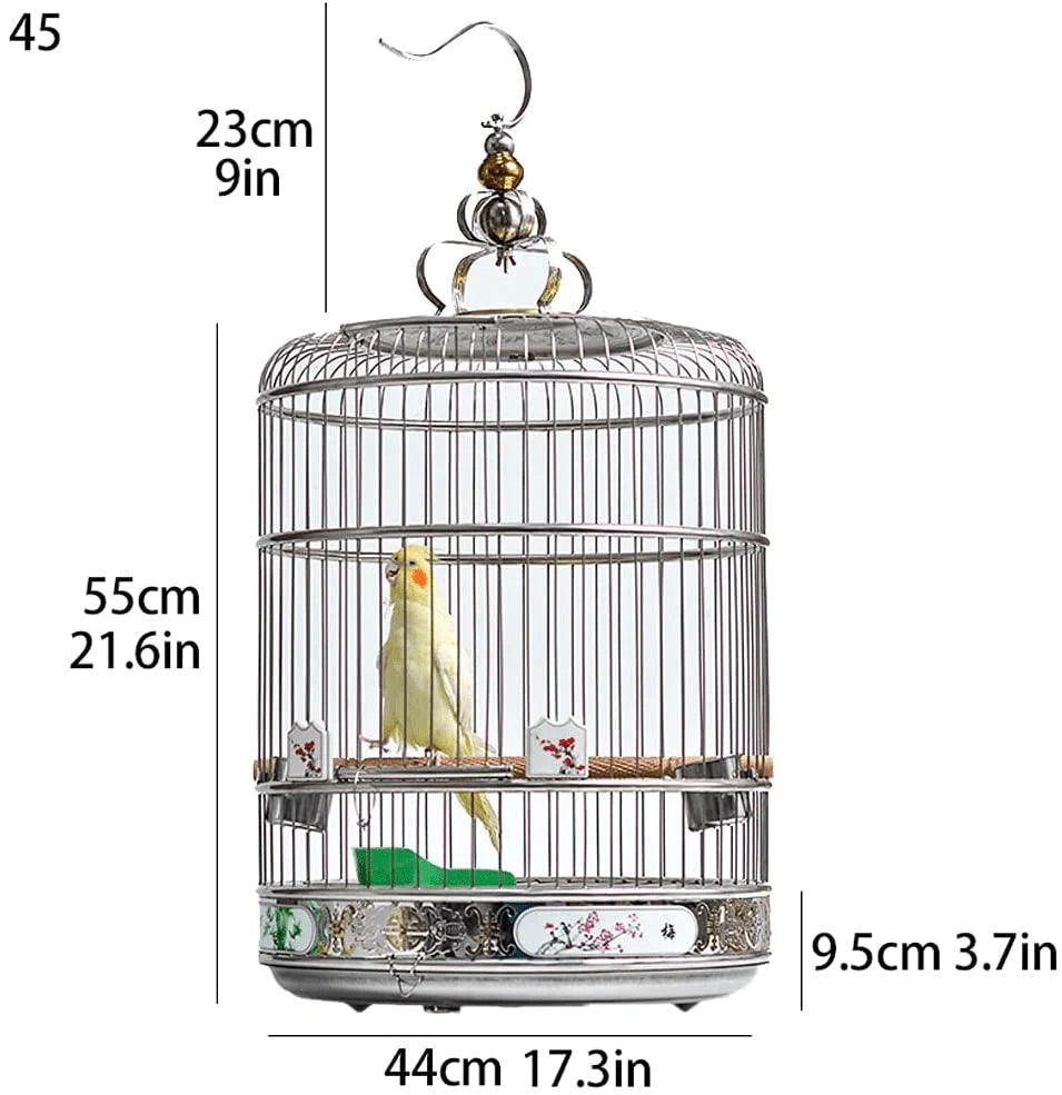 ZANZAN Birdcages Stainless Steel Bird Cage with Wooden Stand Pole Hanging Hook round Parrot Cage Travel Bird Carrier Garden Decoration Bird Carrier Animals & Pet Supplies > Pet Supplies > Bird Supplies > Bird Cages & Stands ZANZAN   