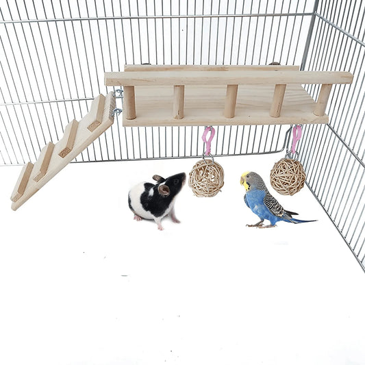 ZARYIEEO Bird Perches Cage Toys Set, Wooden Play Stand Perch for Totoro, Bunny, Squirrel, Guinea Pig, Hamster, Bird, Rat, Small Animals Play Gyms Stands with Climbing Ladder and Rattan Balls Animals & Pet Supplies > Pet Supplies > Bird Supplies > Bird Gyms & Playstands ZARYIEEO   