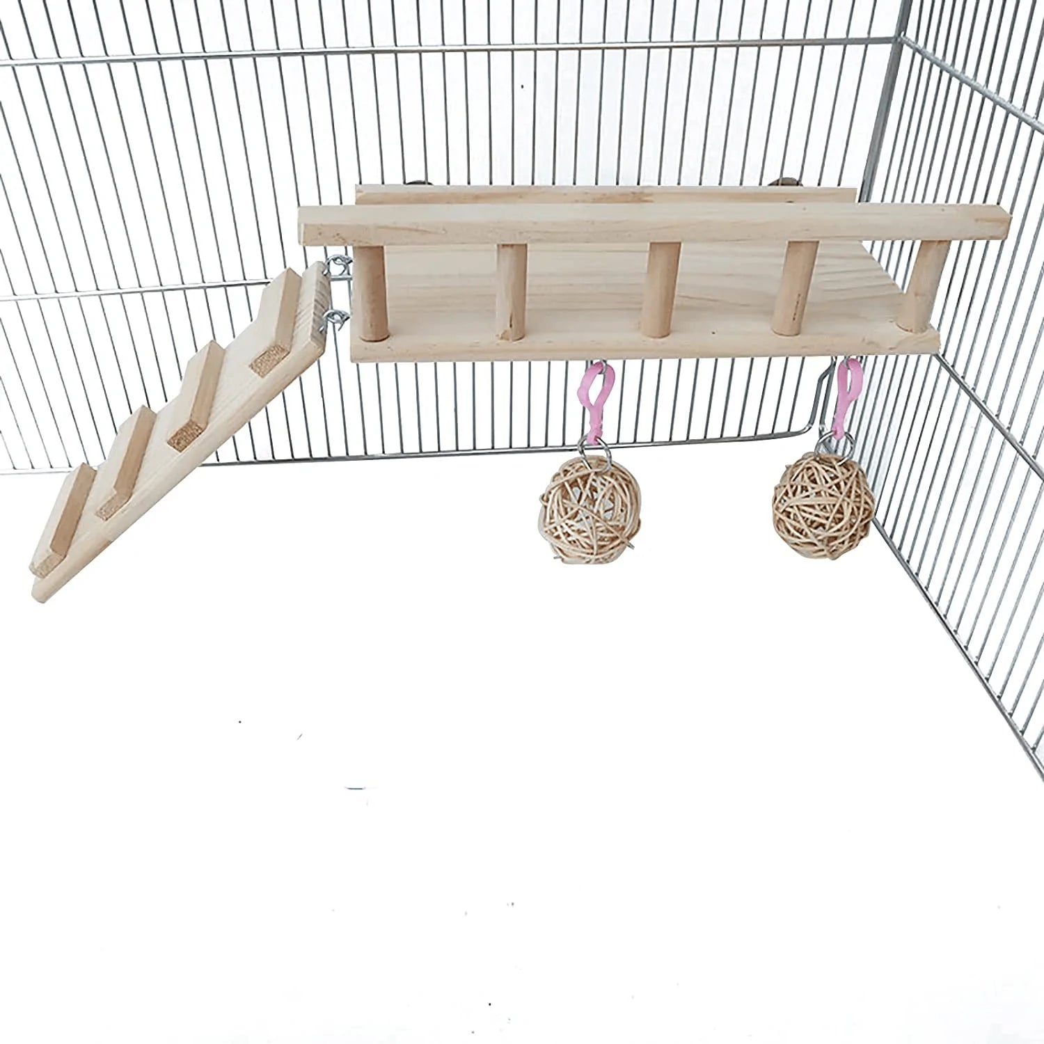 ZARYIEEO Bird Perches Cage Toys Set, Wooden Play Stand Perch for Totoro, Bunny, Squirrel, Guinea Pig, Hamster, Bird, Rat, Small Animals Play Gyms Stands with Climbing Ladder and Rattan Balls