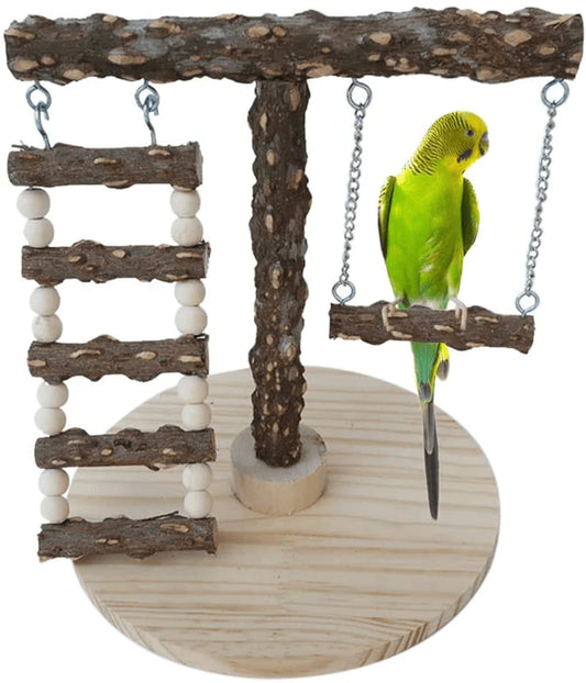 ZARYIEEO Natural Wood Bird Perch Stand, Bird Cage Play Stand with Base for Small Parakeets Cockatiels, Conures, Macaws, Parrots, Love Birds, Finches, Bird Training Chew Toys with Ladder and Swings
