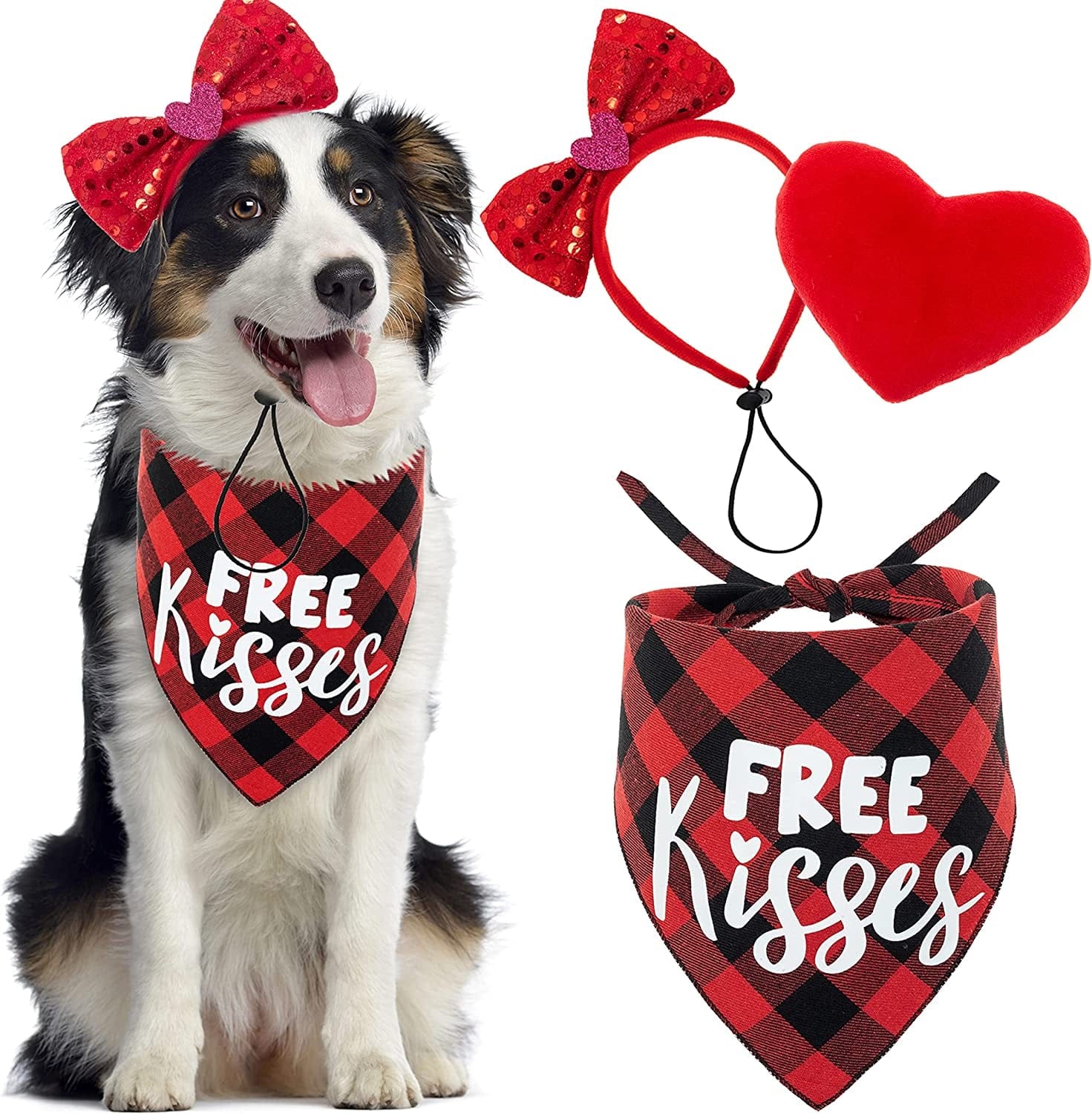 ZEEMIAS Valentine'S Day Dog Costume Set - Red Cute Plaid Dog Bandana & Bow Tie Bling Dog Headband & Plush Heart Dog Toy for Holiday, Party, Valentines Day Accessories Animals & Pet Supplies > Pet Supplies > Dog Supplies > Dog Apparel ZEEMIAS   