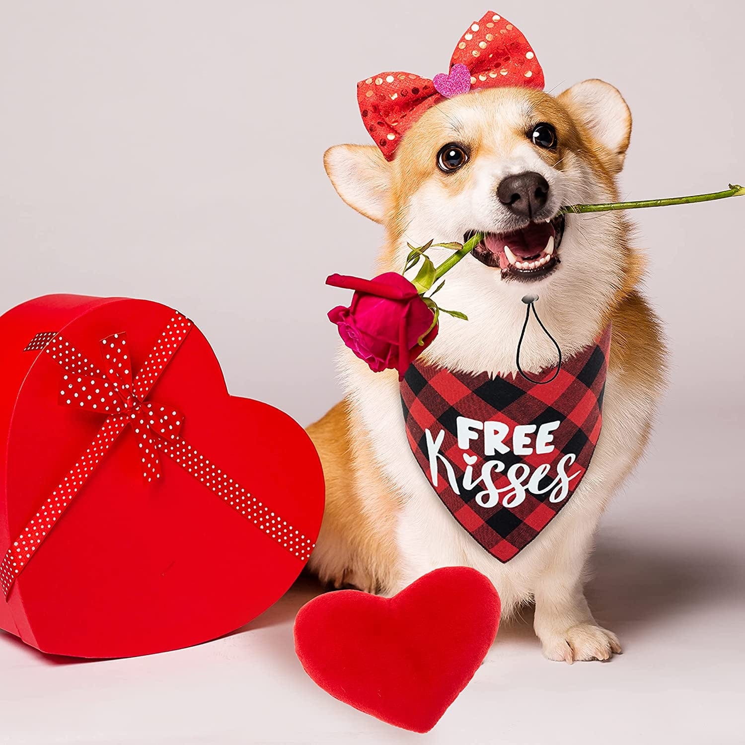 ZEEMIAS Valentine'S Day Dog Costume Set - Red Cute Plaid Dog Bandana & Bow Tie Bling Dog Headband & Plush Heart Dog Toy for Holiday, Party, Valentines Day Accessories Animals & Pet Supplies > Pet Supplies > Dog Supplies > Dog Apparel ZEEMIAS   