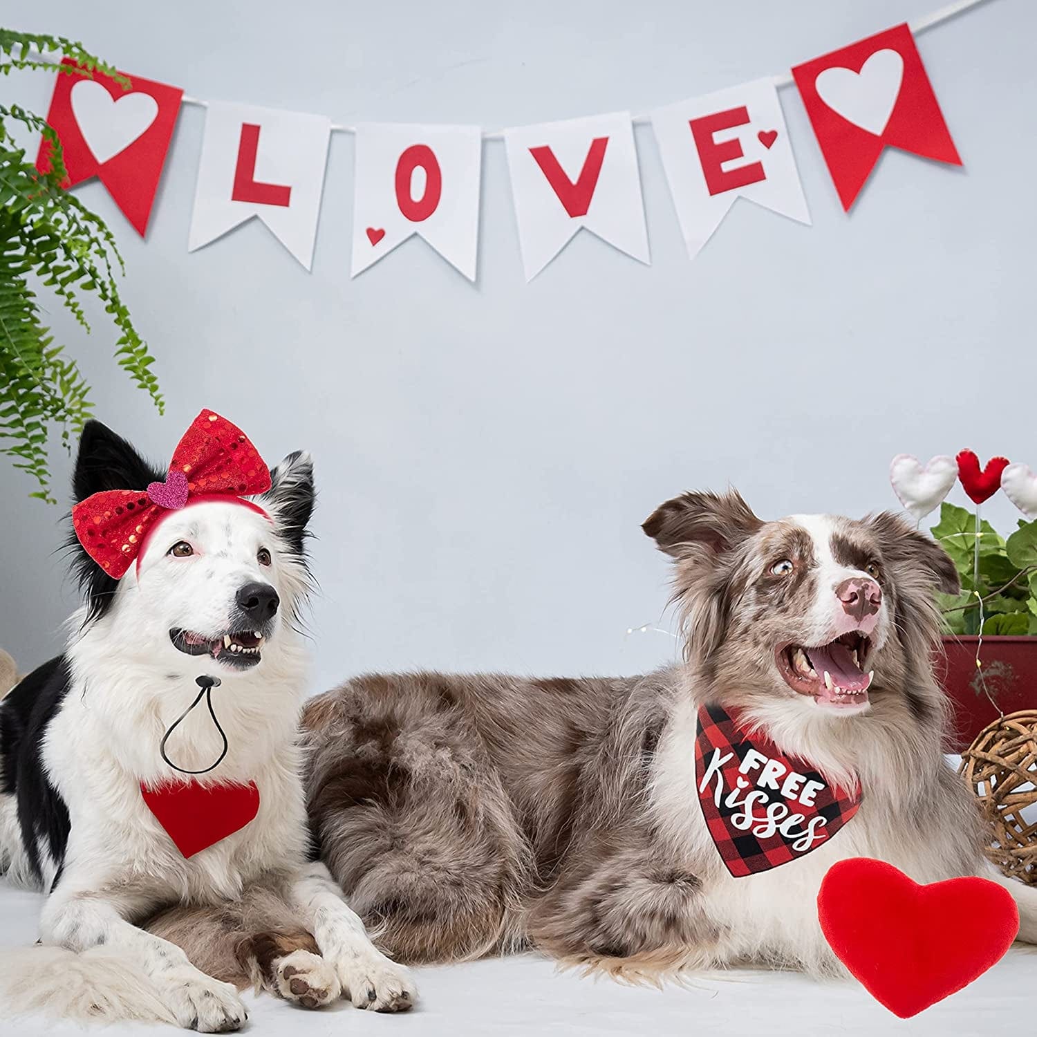 ZEEMIAS Valentine'S Day Dog Costume Set - Red Cute Plaid Dog Bandana & Bow Tie Bling Dog Headband & Plush Heart Dog Toy for Holiday, Party, Valentines Day Accessories Animals & Pet Supplies > Pet Supplies > Dog Supplies > Dog Apparel ZEEMIAS   