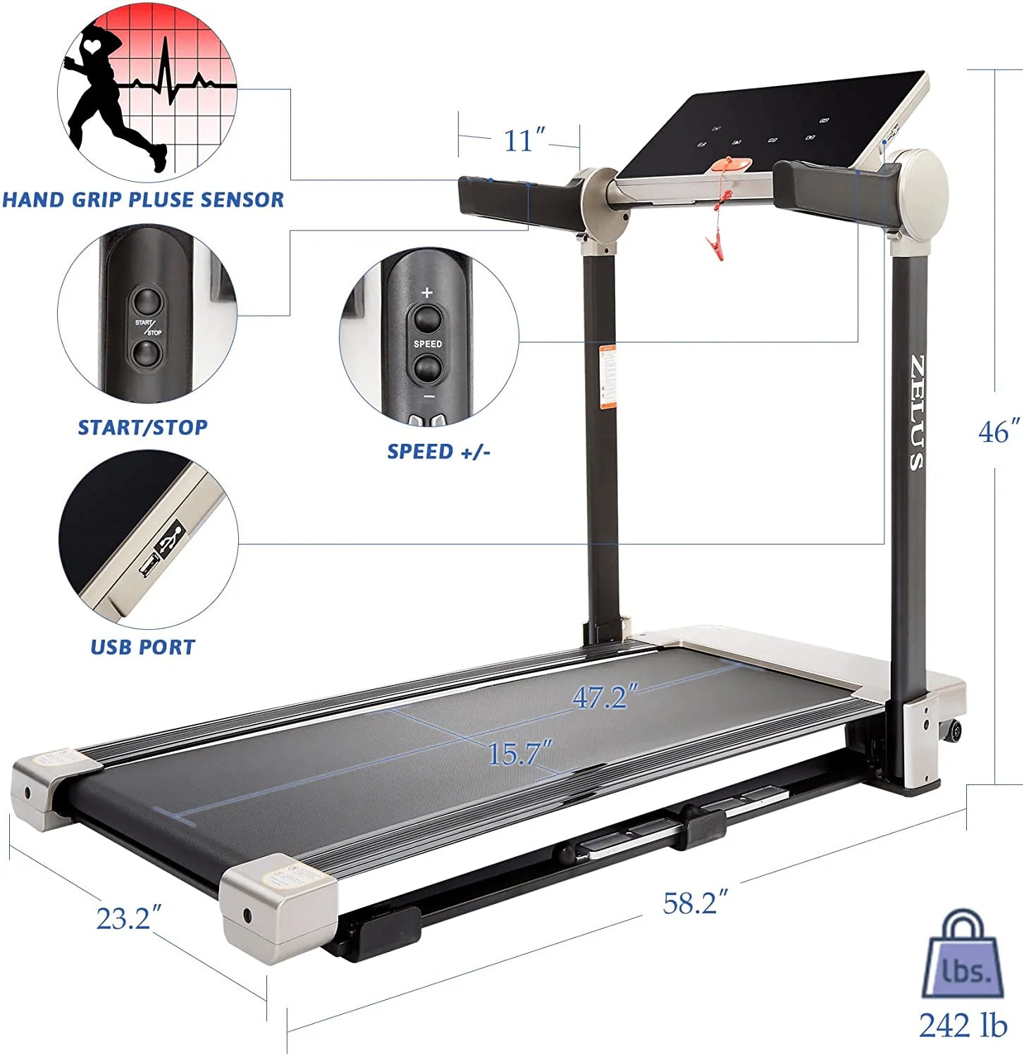ZELUS 3HP Folding Treadmill for Home or Office Home Gym Exercise