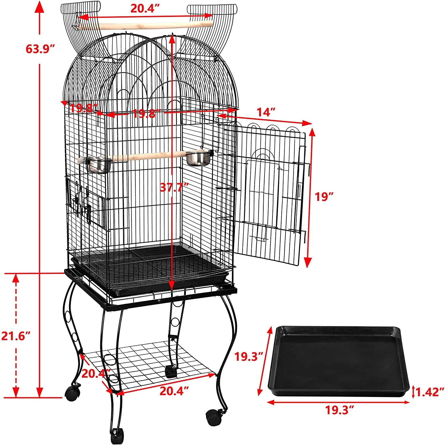 ZENY 63.5'' Large Bird Cage Dome Open Top Parrot Cockatiel Sun Parakeet Green-Cheek Conure Cage with Detachable Rolling Stand Animals & Pet Supplies > Pet Supplies > Bird Supplies > Bird Cages & Stands ZENY   