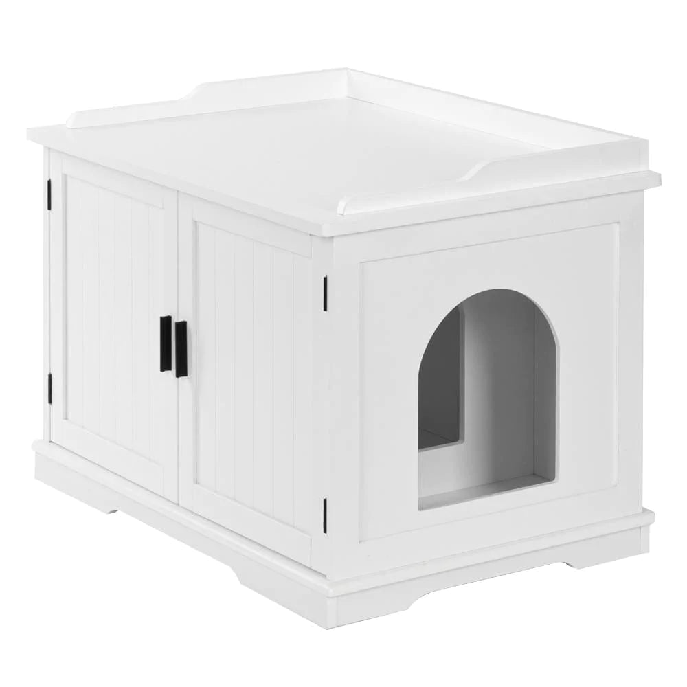 Zimtown 2-Door Wood Cat Litter Box Cover House, Cat Washroom Litter Box, Hidden Cat Litter Boxes Enclosures Cabinet for Cats, Night Stand, White