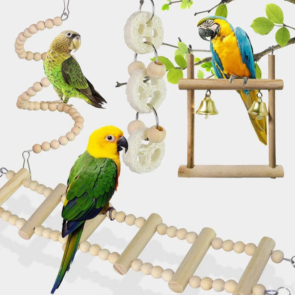 ZPAQI 8Pcs Bird Toys Parrot Chew Toy Bridge Perch Swing Ladder for Small Medium Birds Improving Physical & Mental Health