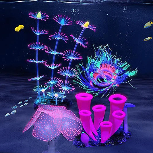 Ztohpyo 4 Pieces Silicone Glow Fish Tank Decorations Plants with Simulation Silicone Coral, Artificial Horn Coral,Fluorescence Sea Anemone for Aquarium Fish Tank Glow Ornament Animals & Pet Supplies > Pet Supplies > Fish Supplies > Aquarium Decor ZtohPyo   