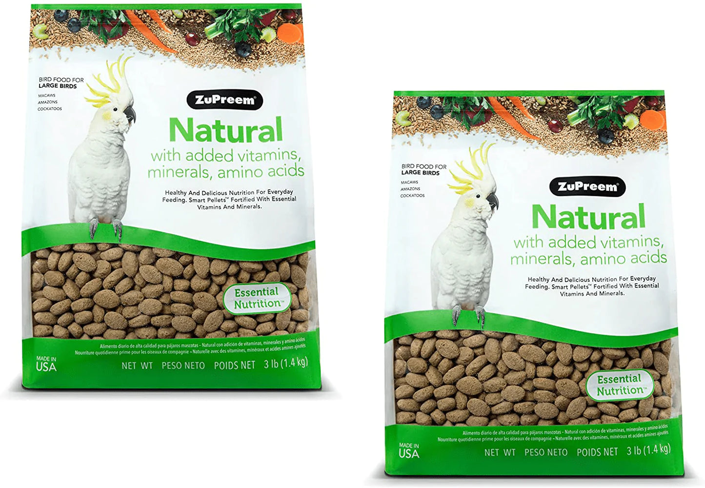 Zupreem Natural Bird Food Pellets for Large Birds (Multiple Sizes) - Everyday Feeding Made in USA, Essential Vitamins, Minerals, Amino Acids for Amazons, Macaws, Cockatoos Animals & Pet Supplies > Pet Supplies > Bird Supplies > Bird Food ZuPreem 3 Pound (Pack of 2)  